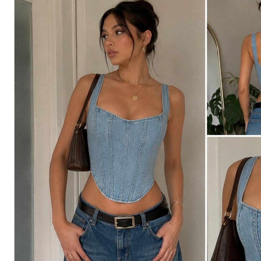 Bardot Denim Corset Bustier Top Blue Y2K Coquette Western XL